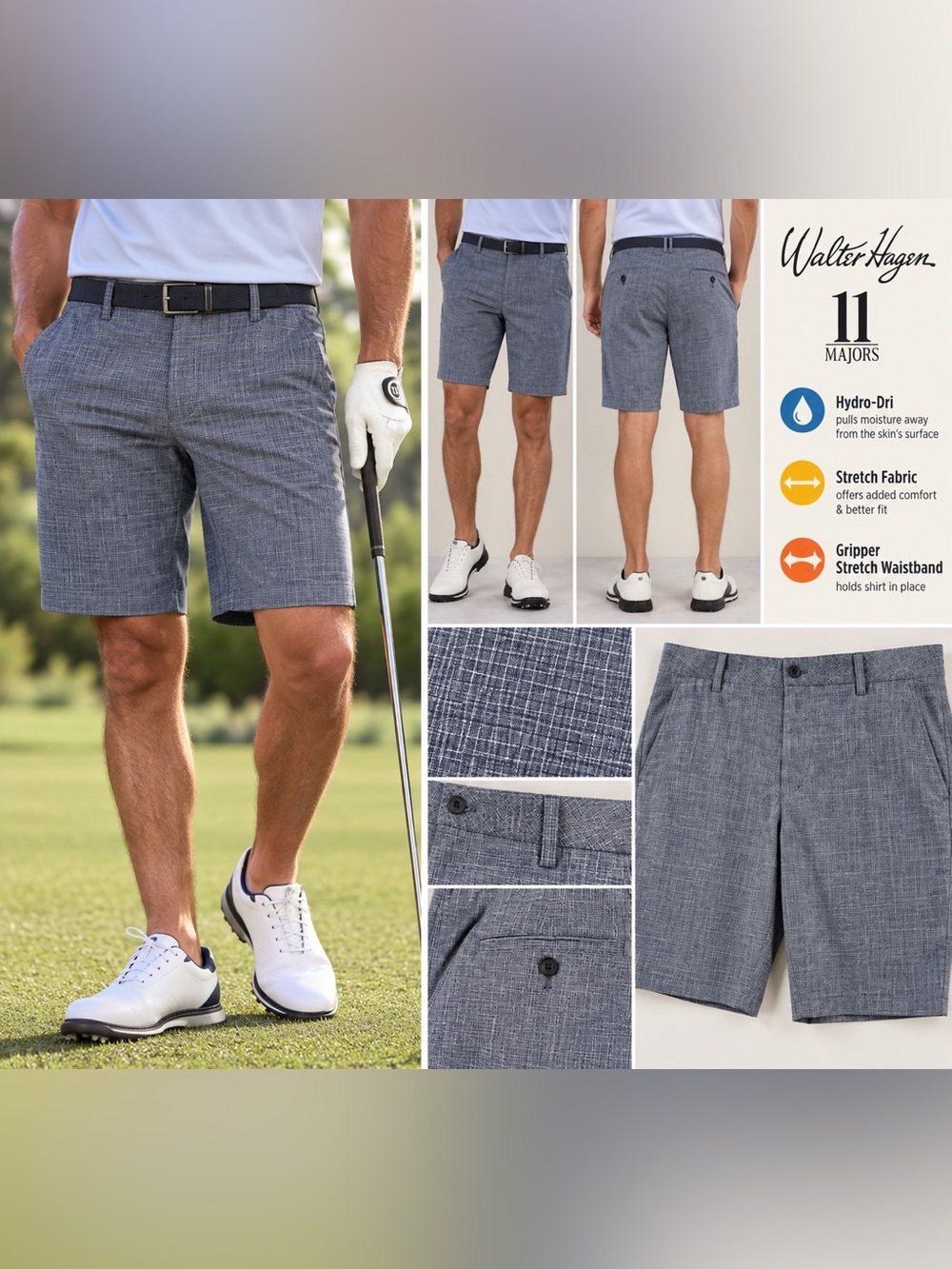 NWT Walter Hagen 11 Majors Men’s Textured Grid Golf Shorts Navy Size 40